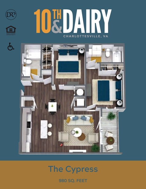 Floor plan for 2 beds, 2 baths, 980 sqft